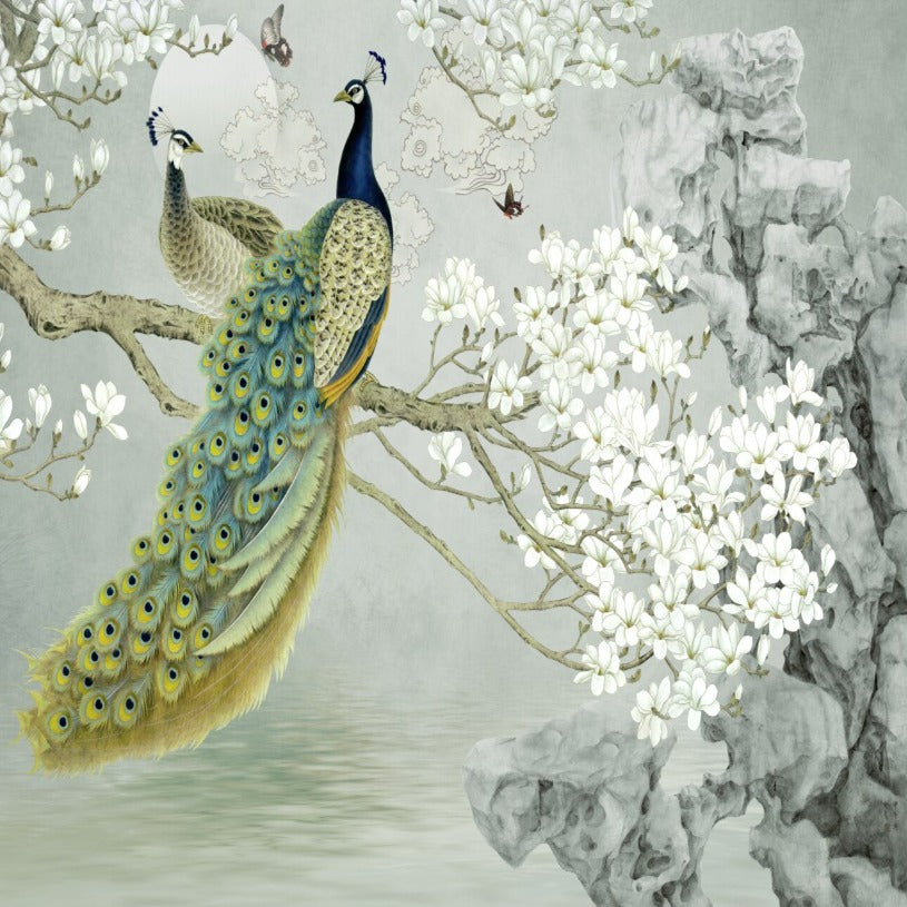 Peacock Mural Wallpaper | Oriental Cherry Blossom Art
