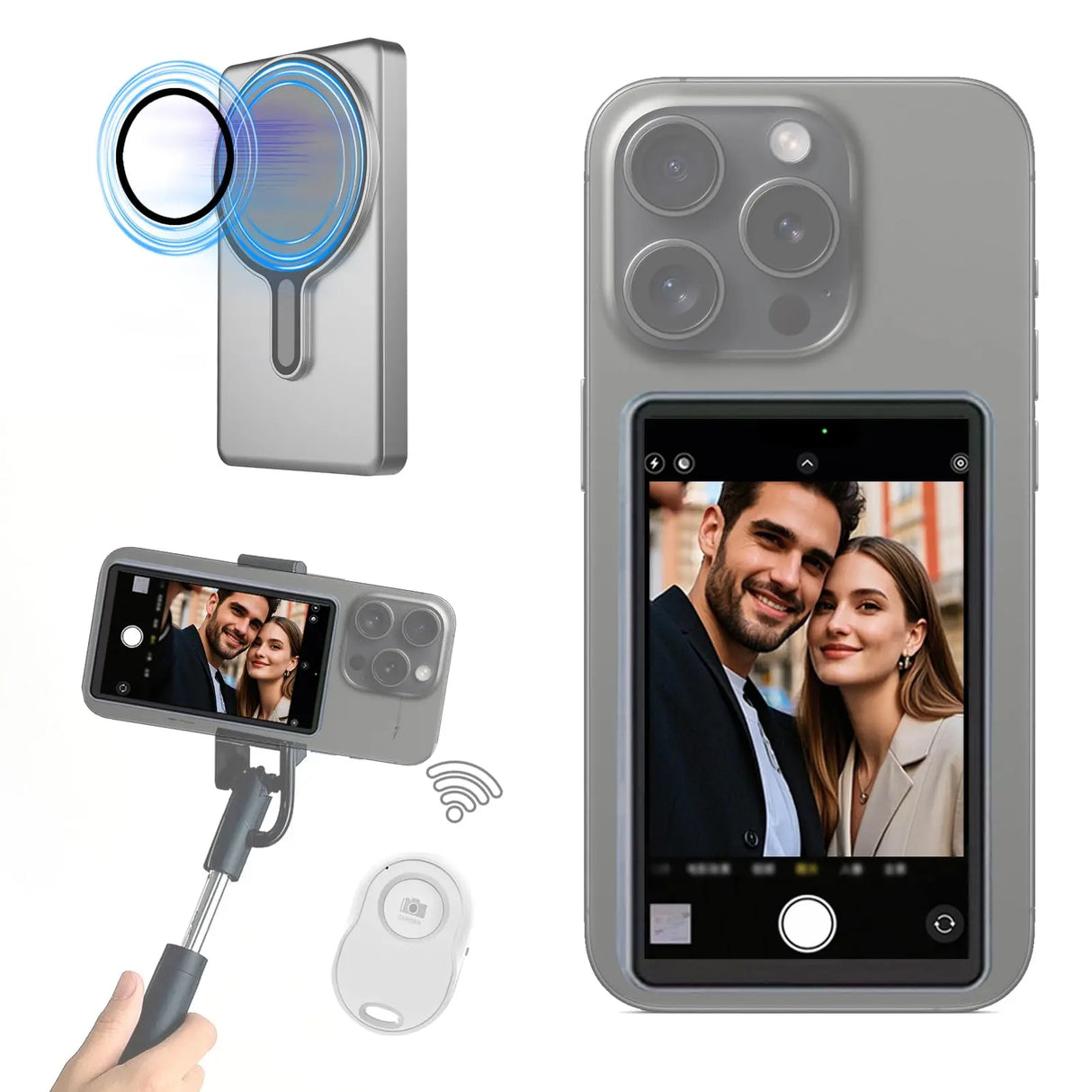 Magnetic Selfie Mirror  Phone Camera Monitor With Wireless Remote - Product showcase