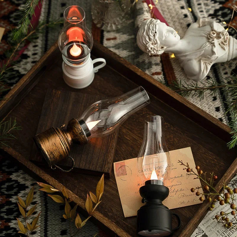 Vintage LED Oil Lamp  Battery Powered Glass Chimney Design - Detailed view