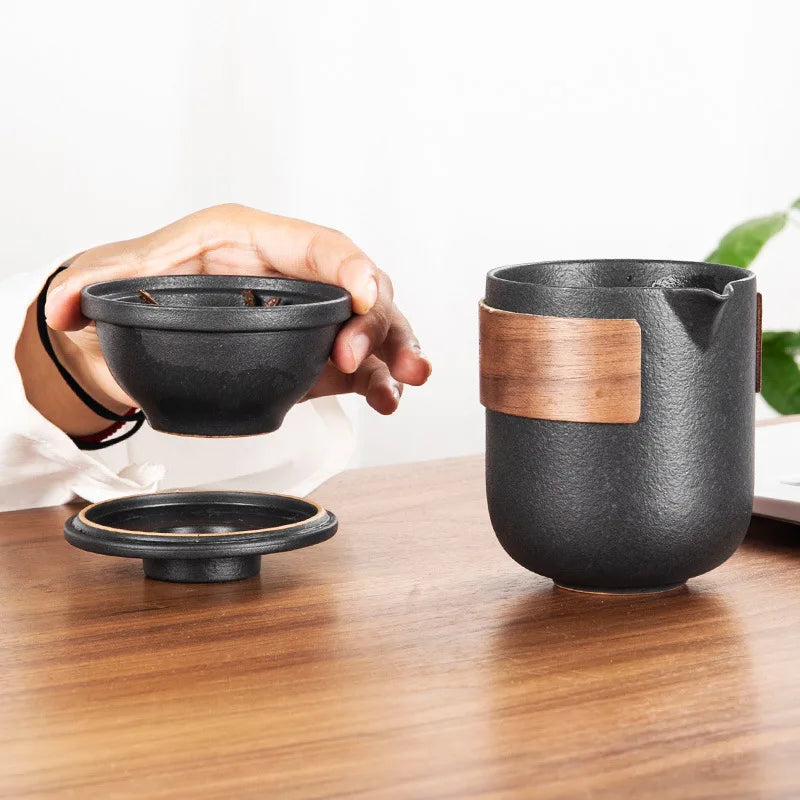 Traditional Ceramic Tea Set  Portable Kung Fu Design With Wood Accent - Product detail 4