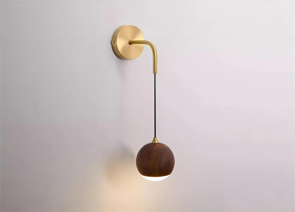 Modern Wall Sconce  Walnut Wood Globe with Brass Stem - Product detail 7