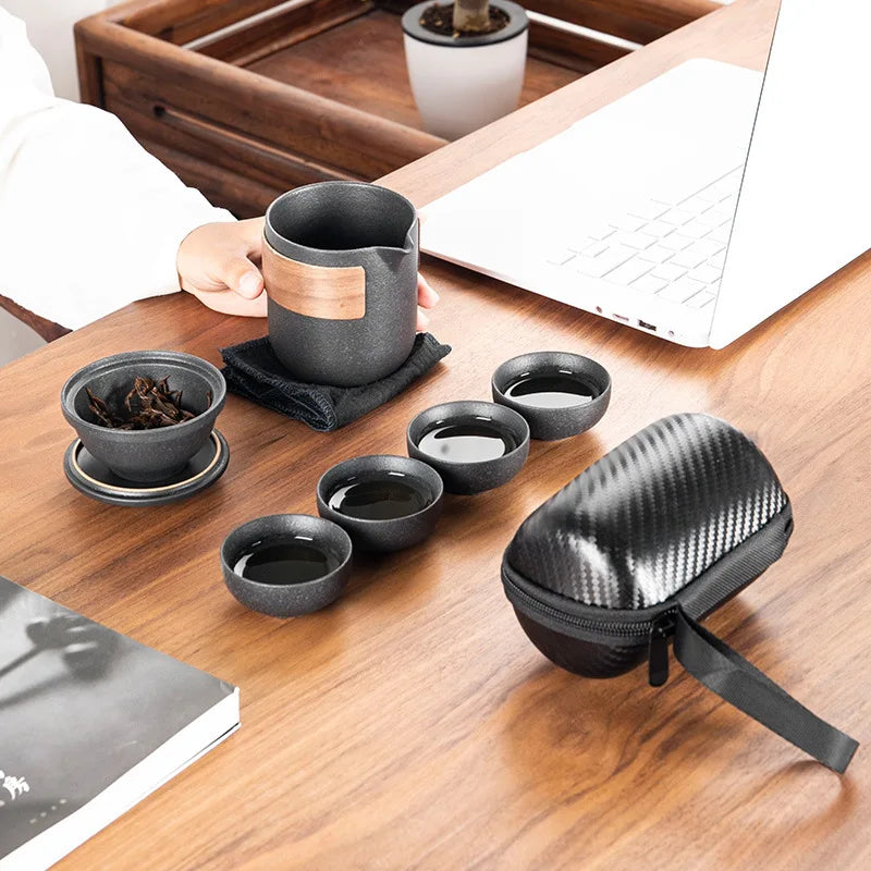 Traditional Ceramic Tea Set  Portable Kung Fu Design With Wood Accent - Detailed view