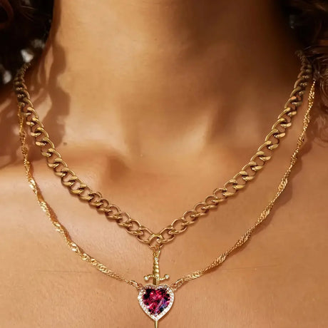 Romantic Pendant Necklace Set  Heart And Sword Design With Crystal Accents - Product showcase