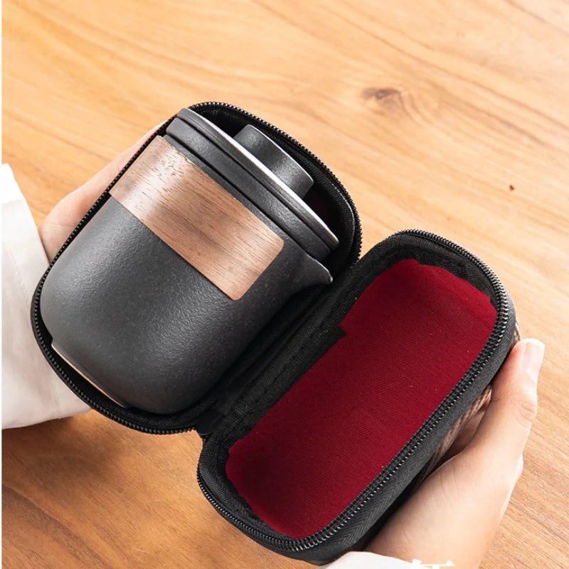 Traditional Ceramic Tea Set  Portable Kung Fu Design With Wood Accent - Product detail 5