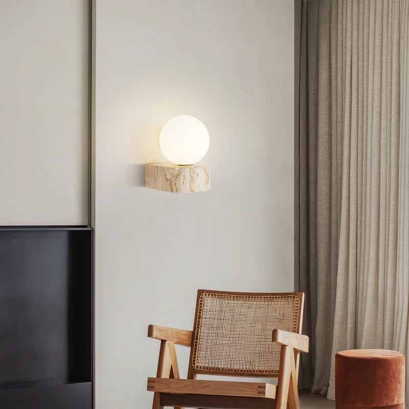 Modern Glass Wall Lamp  Travertine Stone Base - Detailed view