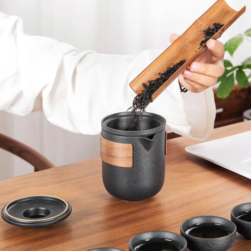 Traditional Ceramic Tea Set  Portable Kung Fu Design With Wood Accent - Product example