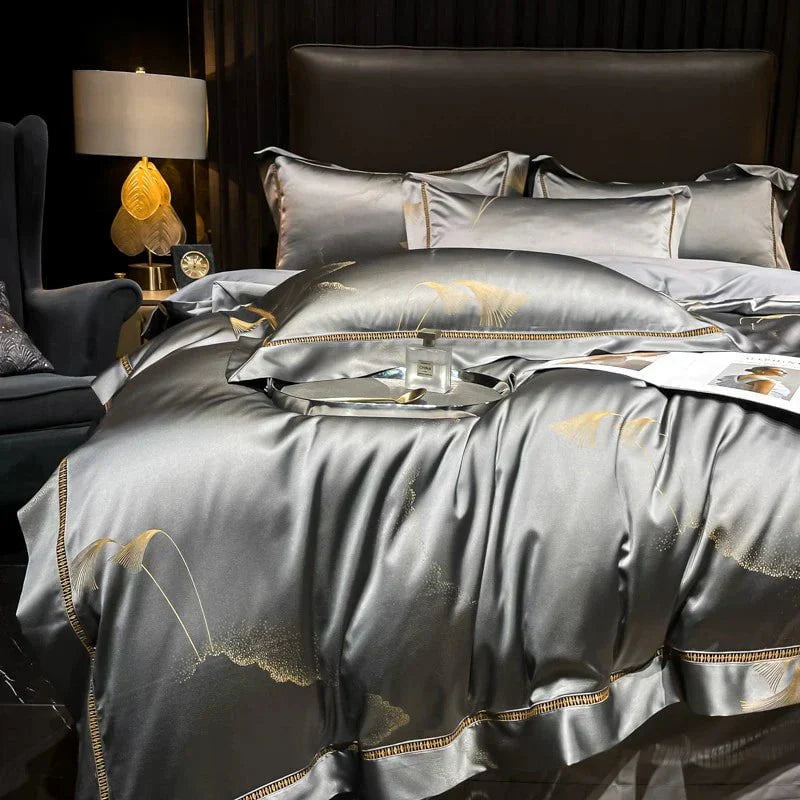 Luxury Egyptian Cotton Bedding Set  Silver Satin With Gold Accents - Product detail 5
