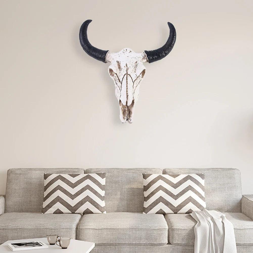 Decorative Longhorn Skull  White Resin Wall Art - Detailed view