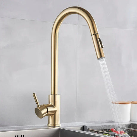 Modern Kitchen Faucet  Brushed Gold Pull Down Sprayer - Product showcase