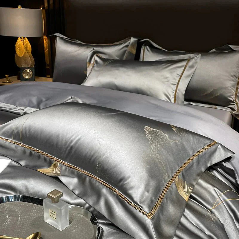 Luxury Egyptian Cotton Bedding Set  Silver Satin With Gold Accents - Detailed view