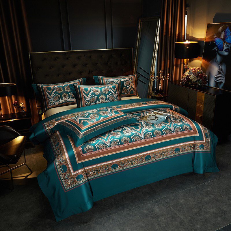 Luxury Egyptian Cotton Duvet Set  Teal Arabesque Pattern - Detailed view