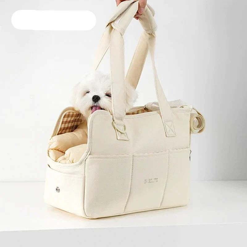 Premium Pet Carrier Tote  Quilted Cotton Travel Bag - Detailed view