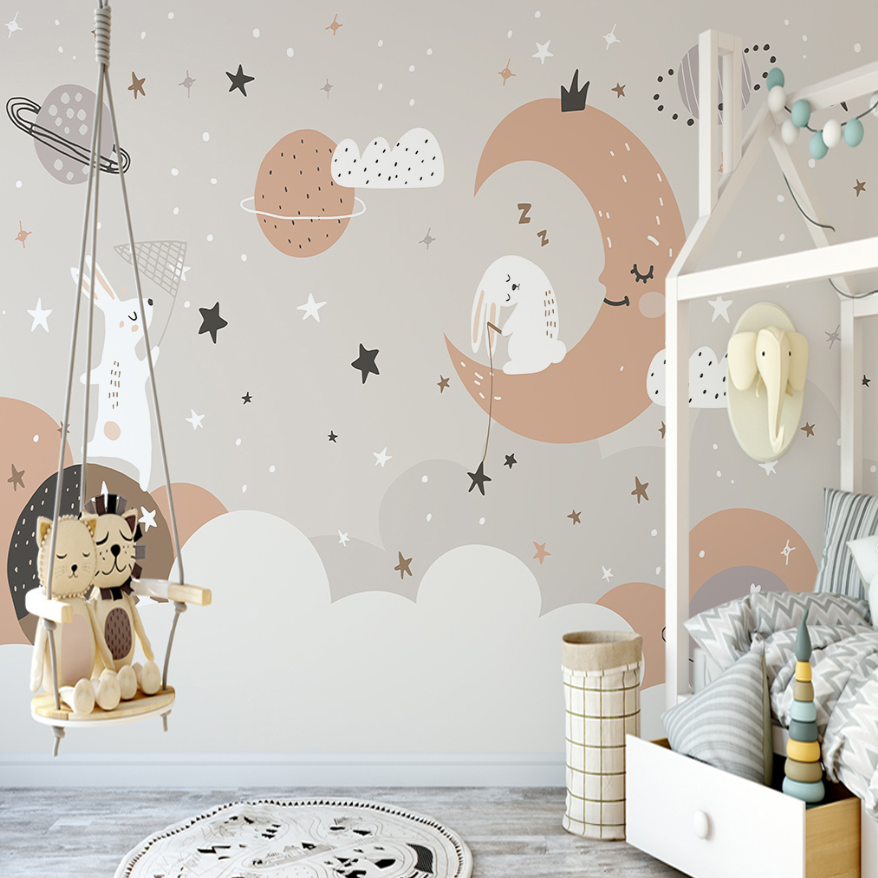 Kids Mural Wallpaper | Dreamy Bunny and Moon Space Design