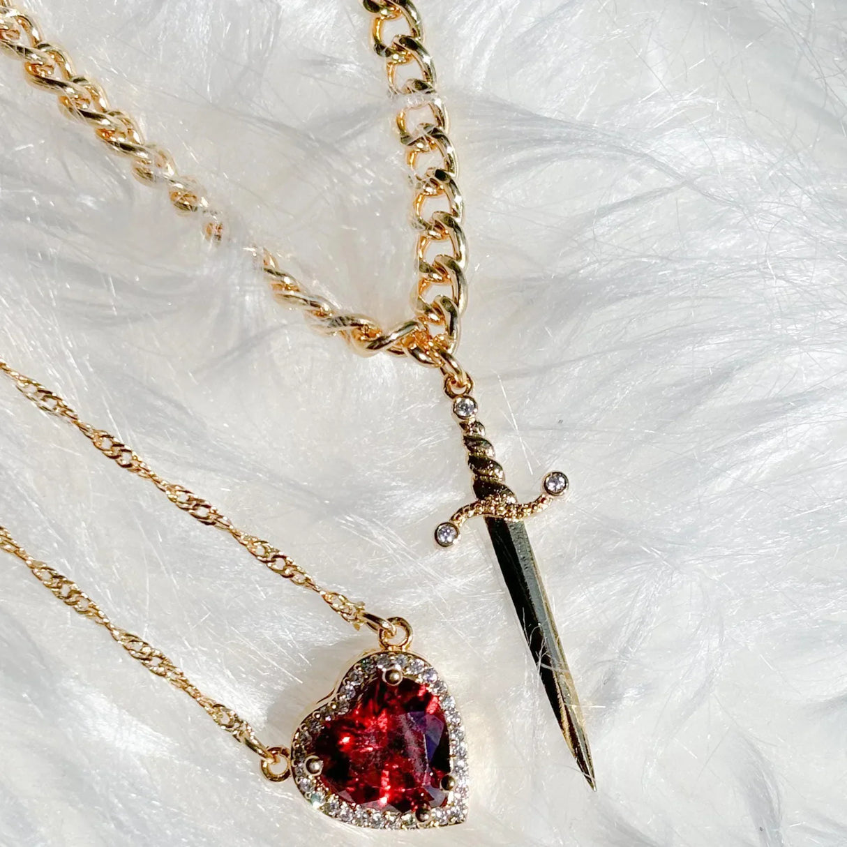 Romantic Pendant Necklace Set  Heart And Sword Design With Crystal Accents - Product example