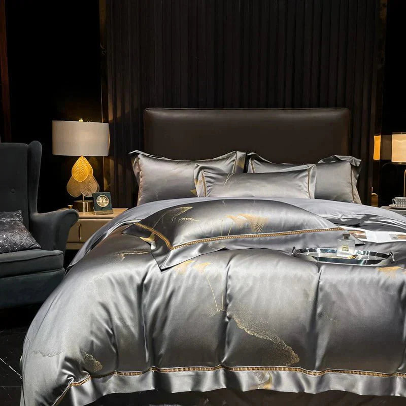 Luxury Egyptian Cotton Bedding Set  Silver Satin With Gold Accents - Product example