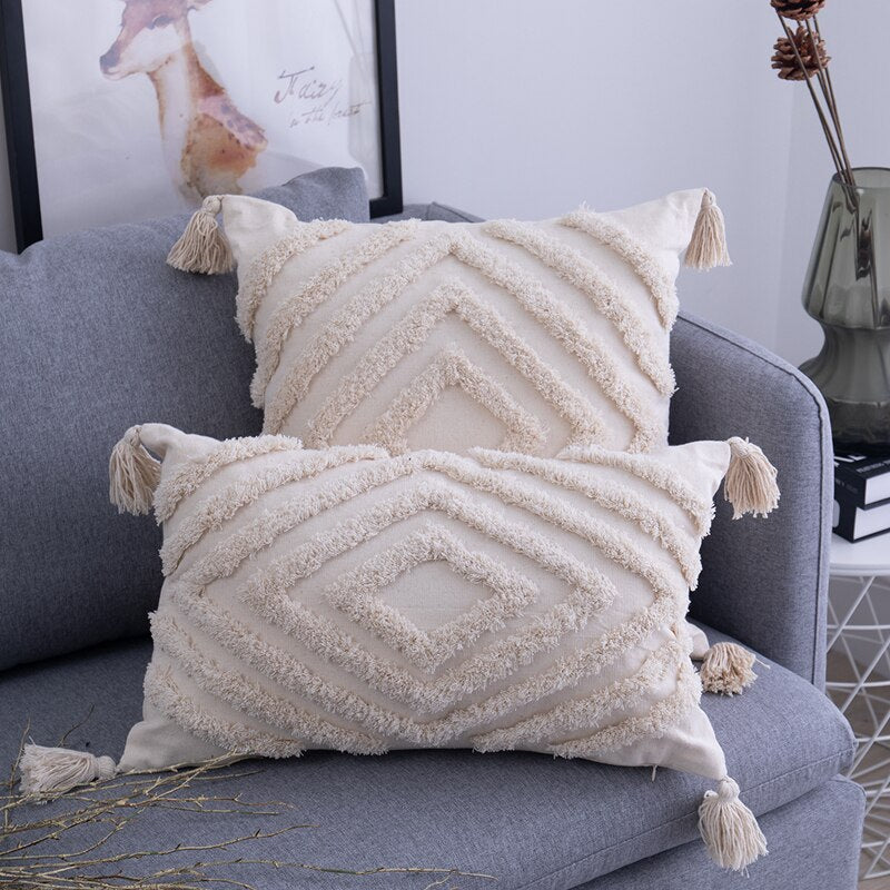 Boho Cotton Throw Pillows  Tufted Geometric Pattern With Tassels - Product detail 4
