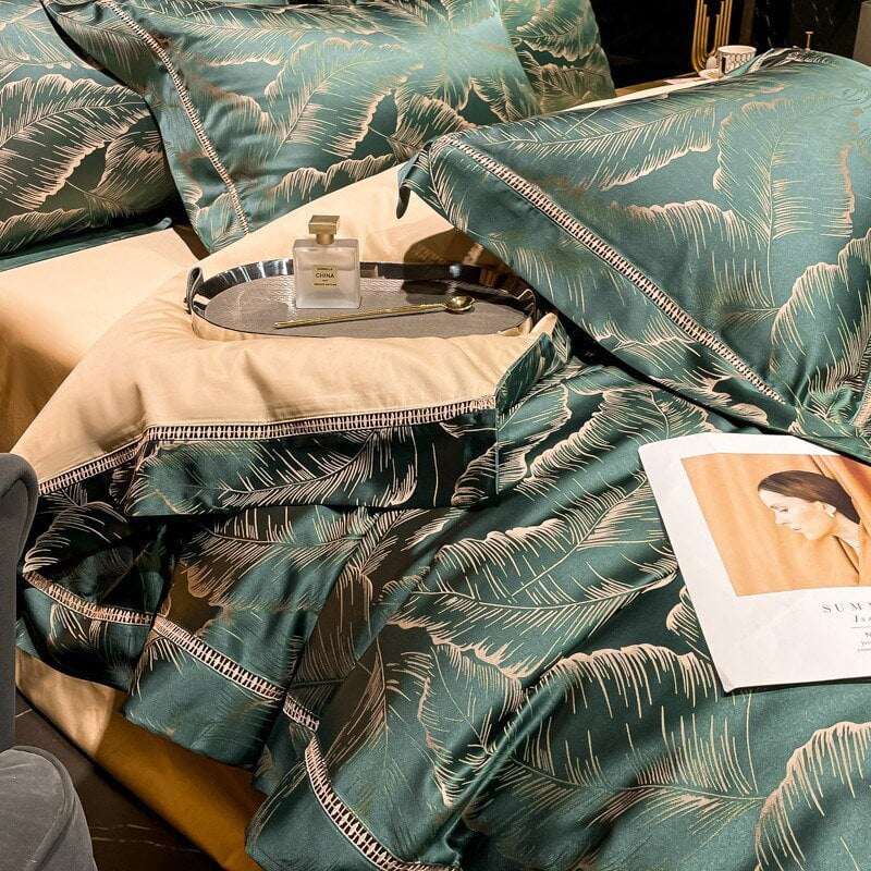 Tropical Luxury Bedding Set  Egyptian Cotton Leaf Pattern - Detailed view