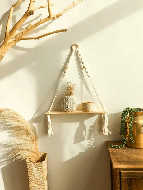 Macramé Wall Shelf  Natural Wood Boho Hanging Display - Product example