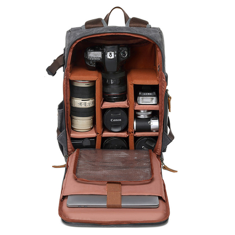 Vintage Camera Backpack  Canvas  Leather USB Travel Bag - Detailed view