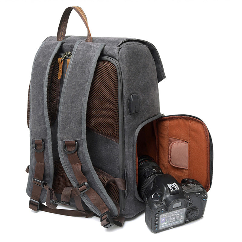 Vintage Camera Backpack  Canvas  Leather USB Travel Bag - Product example