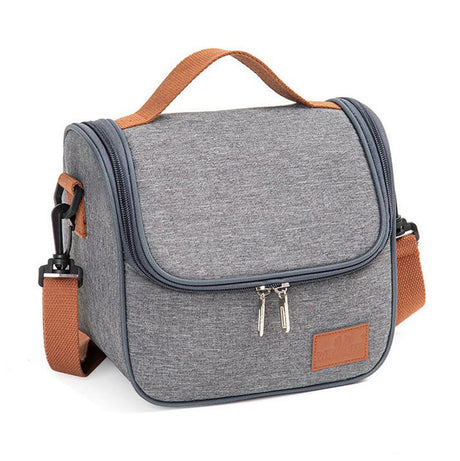Insulated Lunch Bag  Grey Canvas With Brown Handles - Product detail 6
