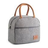 Insulated Lunch Bag  Grey Canvas With Brown Handles - Product showcase