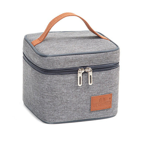 Insulated Lunch Bag  Grey Canvas With Brown Handles - Detailed view