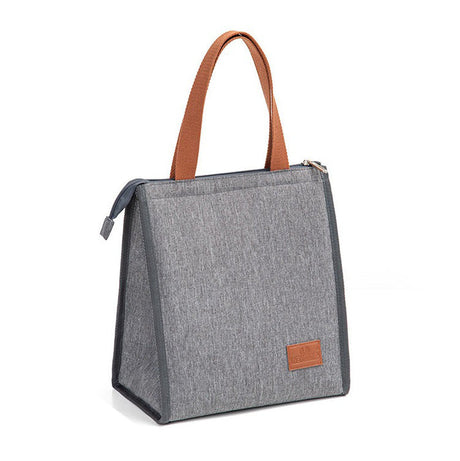 Insulated Lunch Bag  Grey Canvas With Brown Handles - Product detail 4