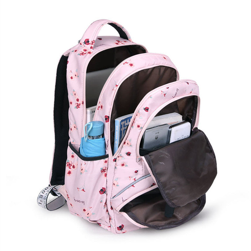 Floral School Backpack  Pink Botanical Print With Pom Charm - Detailed view