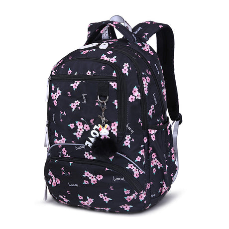 Floral School Backpack  Pink Botanical Print With Pom Charm - Product example