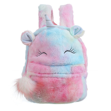 Kids Plush Unicorn Backpack  Pastel Rainbow Fur Design - Detailed view