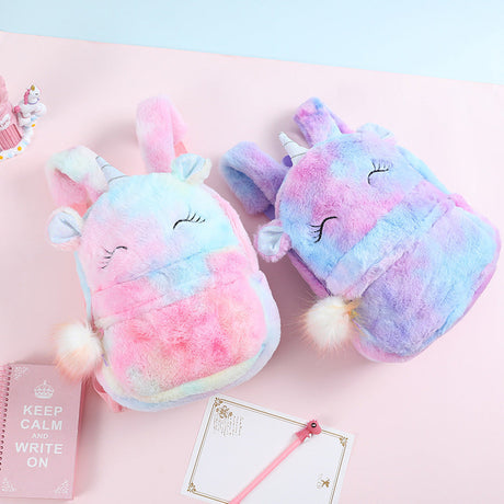 Kids Plush Unicorn Backpack  Pastel Rainbow Fur Design - Product detail 5
