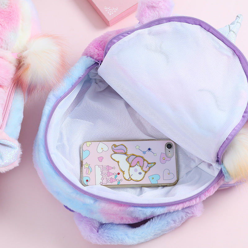 Kids Plush Unicorn Backpack  Pastel Rainbow Fur Design - Product detail 4