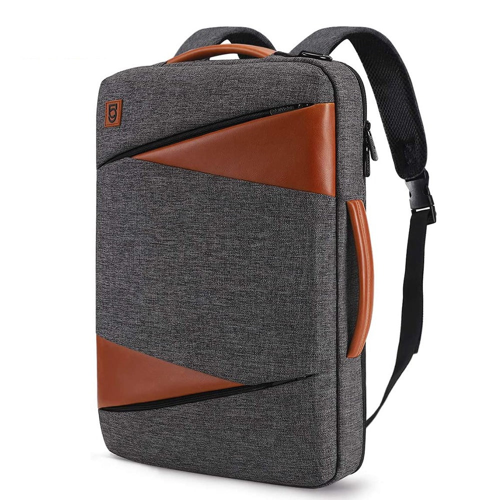 Professional Laptop Backpack  Grey Canvas With Brown Leather Accents - Product showcase