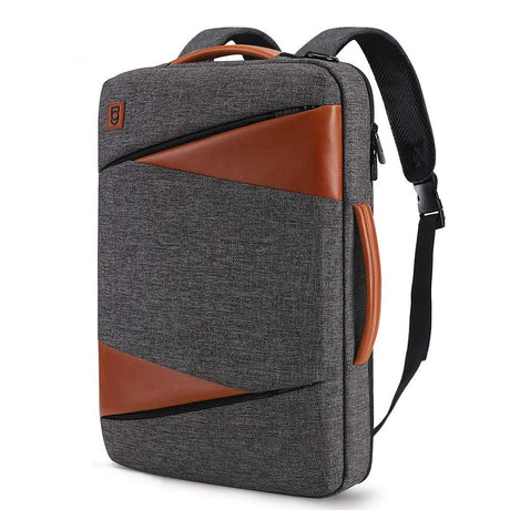 Professional Laptop Backpack  Grey Canvas With Brown Leather Accents - Product showcase