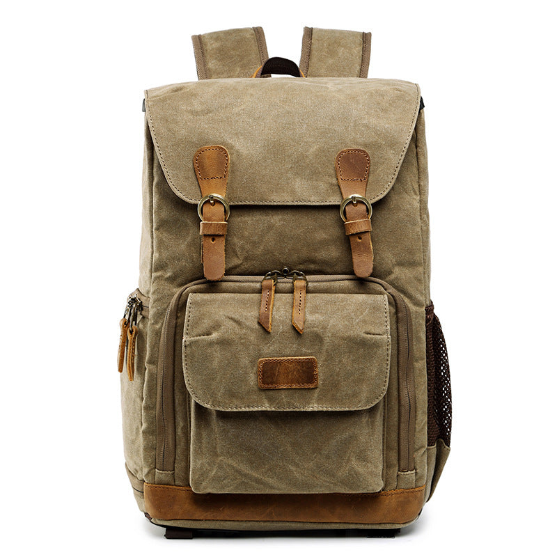 Canvas Camera Backpack  Vintage Waxed Cotton With Leather Trim - Product showcase