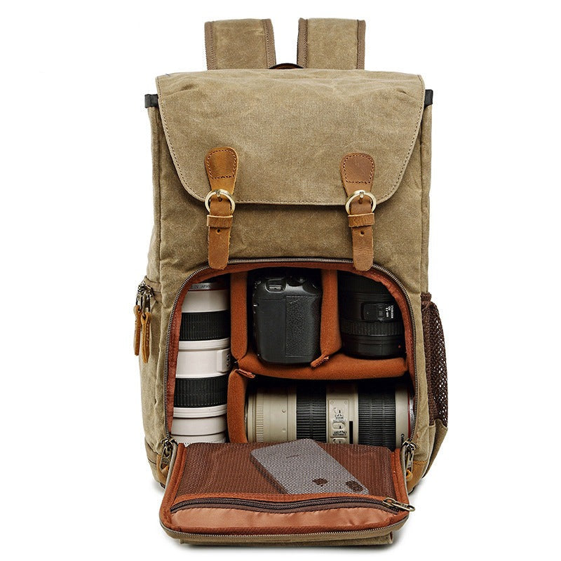Canvas Camera Backpack  Vintage Waxed Cotton With Leather Trim - Detailed view