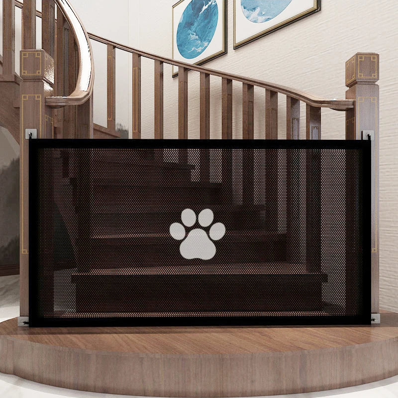 Retractable Pet Safety Gate  Mesh Barrier with Paw Print Design - Product showcase