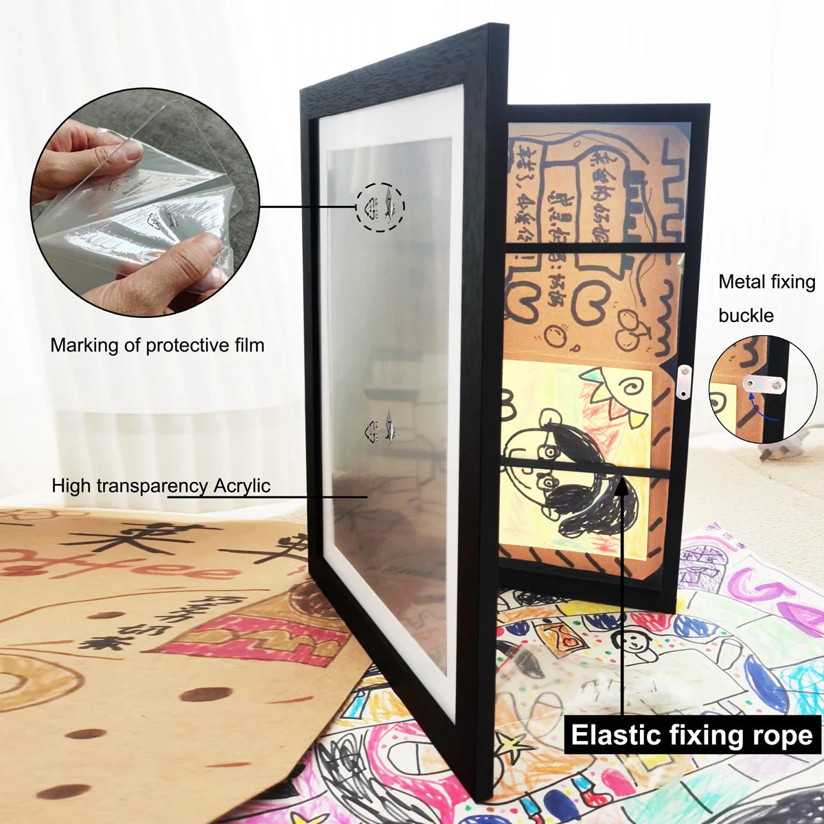 Kids Artwork Display Frame  Magnetic Wood Frame With Glass - Detailed view