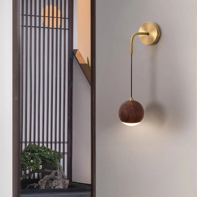 Modern Wall Sconce  Walnut Wood Globe with Brass Stem - Product example