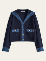 Navy Denim Trim Cardigan  Sailor Collar Gold Button Design - Product showcase