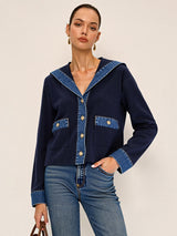 Navy Denim Trim Cardigan  Sailor Collar Gold Button Design - Product detail 6