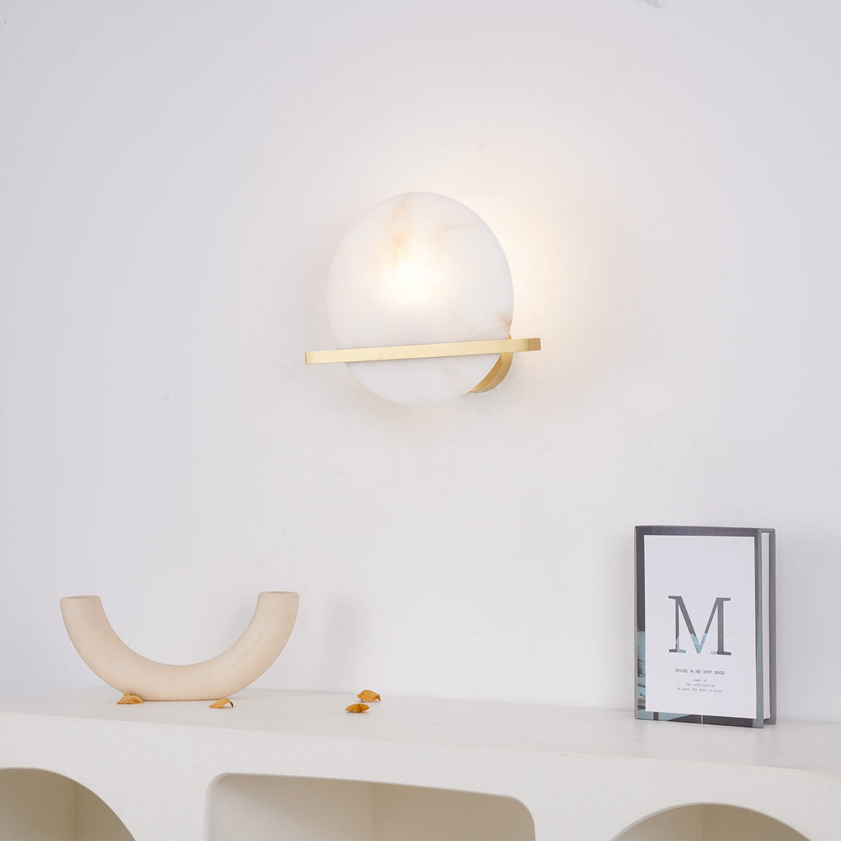 Modern Marble Wall Light  Round Alabaster with Brass Accent - Product detail 6