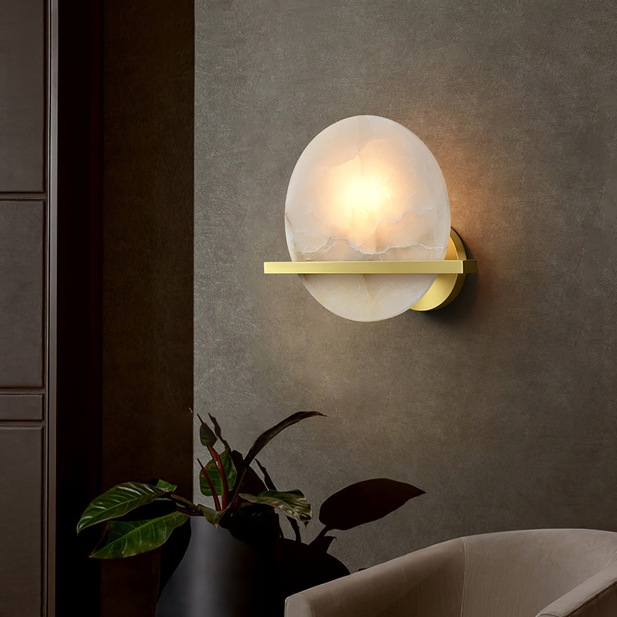 Modern Marble Wall Light  Round Alabaster with Brass Accent - Detailed view