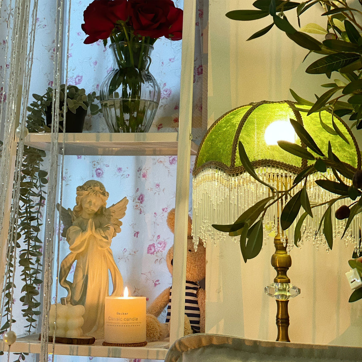 Victorian Table Lamp  Green Velvet Crystal Fringe Shade - Product detail 16