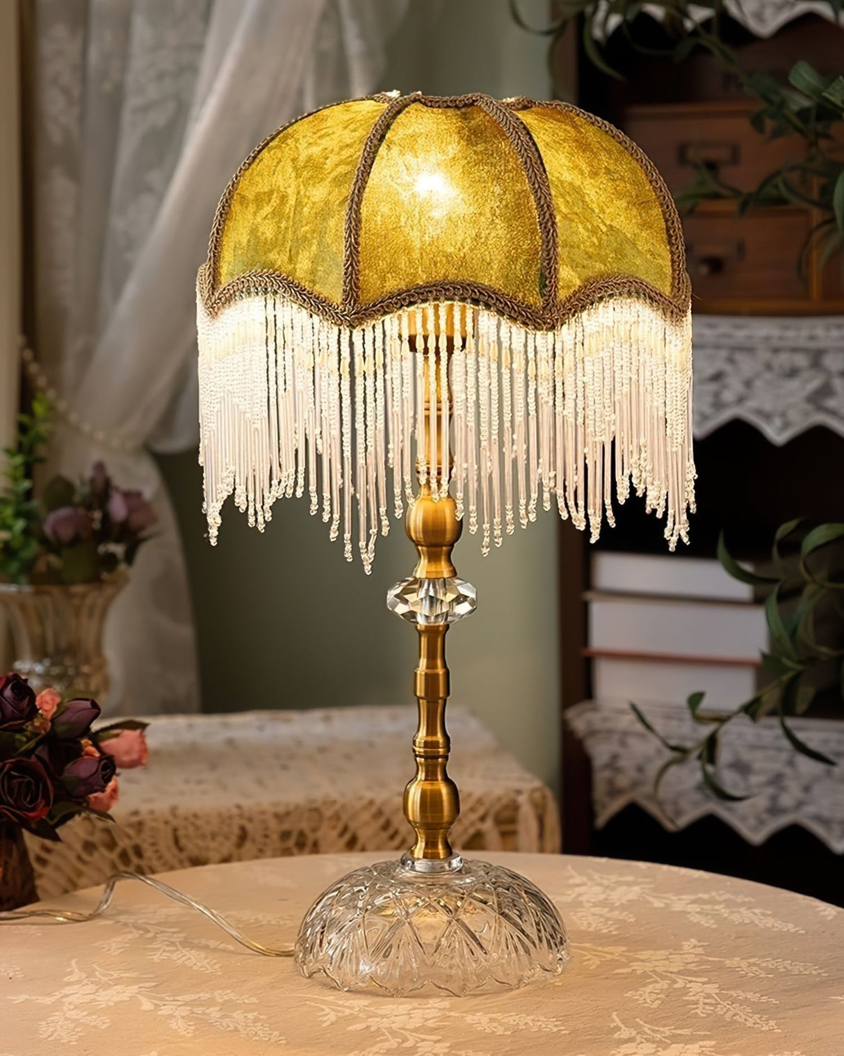 Victorian Table Lamp  Green Velvet Crystal Fringe Shade - Product detail 6