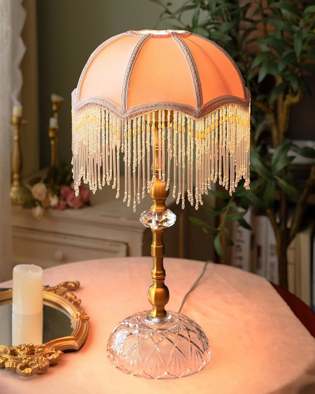 Victorian Table Lamp  Green Velvet Crystal Fringe Shade - Product detail 14
