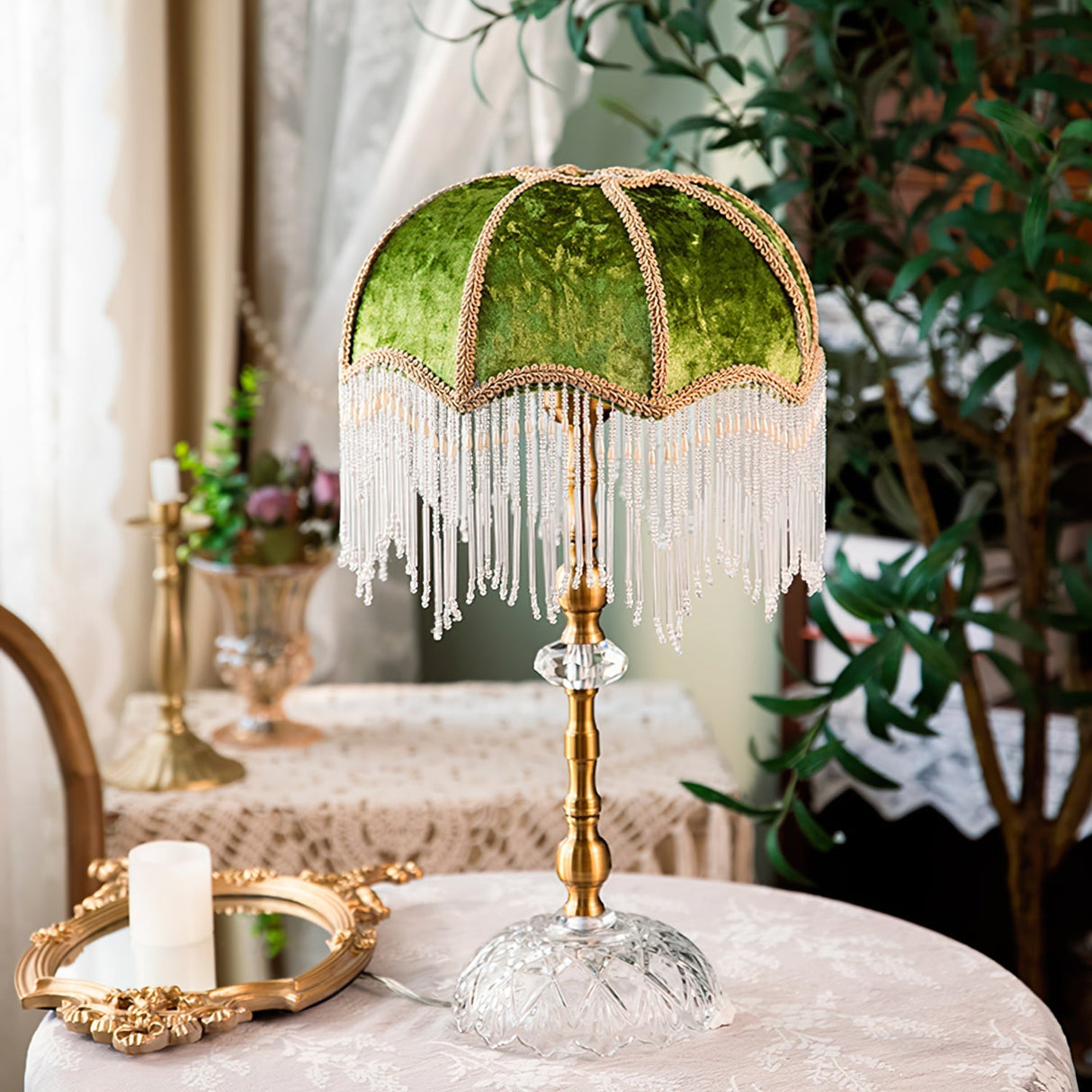 Victorian Table Lamp  Green Velvet Crystal Fringe Shade - Detailed view