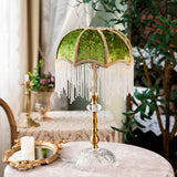 Victorian Table Lamp  Green Velvet Crystal Fringe Shade - Detailed view