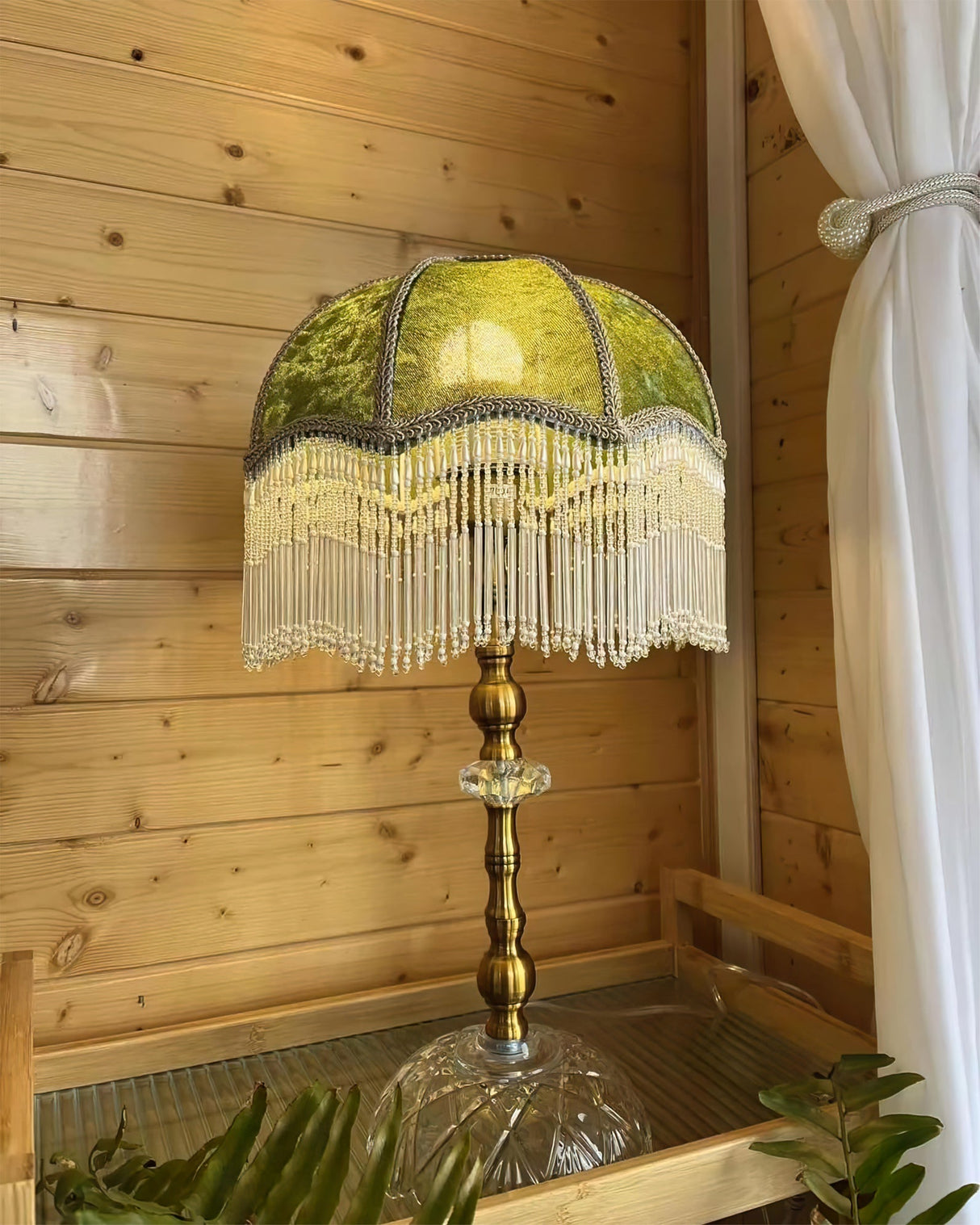 Victorian Table Lamp  Green Velvet Crystal Fringe Shade - Product detail 12
